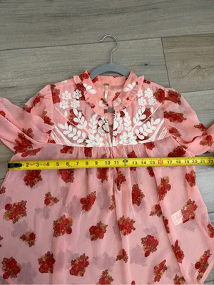Free People Pink Red Patricia Floral Embroidered Sheer Long Sleeve Boho Blouse M thumbnail 8
