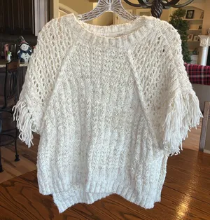Crochet Sweater Beige Fringe One Size XS S M L thumbnail 1
