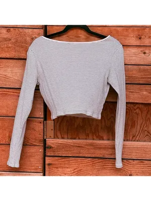 Striped Long Sleeve Cropped Top White Size M thumbnail 2