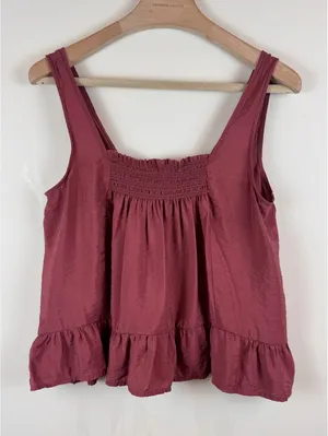 Maeve Anthropologie Smocked Ruffle Hem Swing Tank Top Burgundy Mauve Size M thumbnail 3