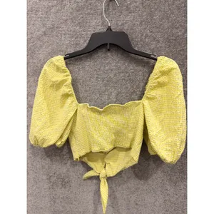Zara Women Crop Top XS Yellow Gingham Puff Sleeve Front Tie Smocked Back thumbnail 7