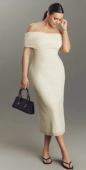 AFRM NWT Zamora Off Shoulder Mesh Midi Dress in Sun Dot‎ Yellow Size XL thumbnail 1