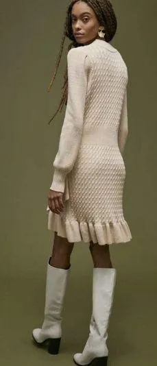 NWT Anthropologie Flat White ruffled sweater mini dress. thumbnail 2