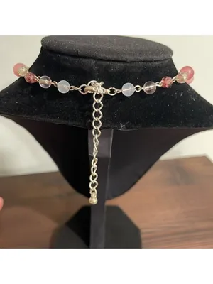 Pink beaded charm necklace with stone horn of wealth and silver tone accents thumbnail 3