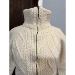 80s Carraig Donn Handknit Merino Wool Aran Zip Cropped Cardigan Sweater Cream M thumbnail 2