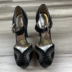 Michael Kors Astor Quarter Strap Heels Women's Black Silver Studs 9 thumbnail 1