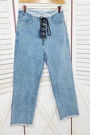 Vintage Y2k Lioness Lace Up Front Raw Edge Crop Jeans Blue Small‎ Straight High thumbnail 1