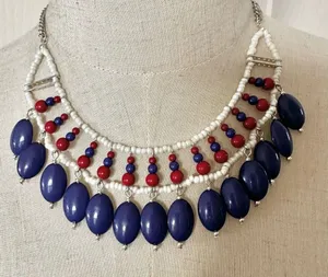 Red white and blue beaded bib necklace thumbnail 1