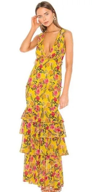 Lovers + Friends revolve Dipinto Oro Yellow Floral Ruffle Maxi Dress thumbnail 1