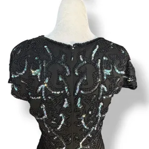 Vintage Black Beaded Sequin Evening Gown Maxi Dress Art Deco Formal Glam Elegant thumbnail 8