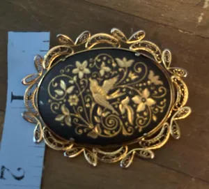 Vintage large oval Damascene bird brooch thumbnail 2