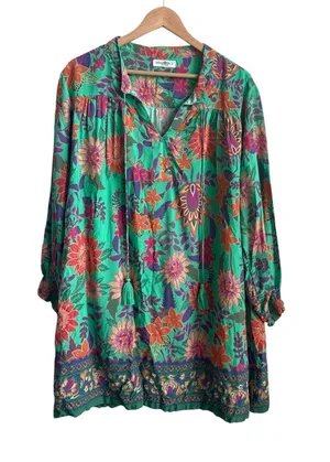 Natural Life Dara V-Neck Mini Dress Green Floral Boho Large thumbnail 1