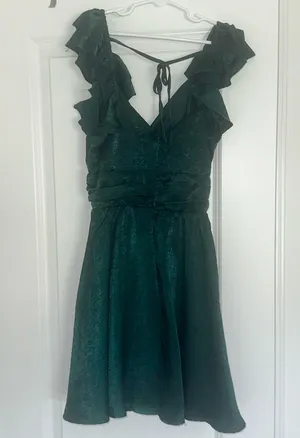 Altar’d State Small Tracey Green Satin Ruffle Sleeve Holiday Cocktail Dress thumbnail 3
