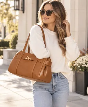 A New Day Cognac Brown Faux Leather Satchel Handbag Gold Snap Hook Clasp NWT thumbnail 1