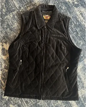 Harley Davidson Black Vest Velvet Embroidered Zip Women’s Medium Biker Goth Y2K thumbnail 1