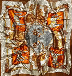 VINTAGE Equestrian ivory/ORANGE Horses&Tassels Print silky Scarf 35’/35’ thumbnail 1