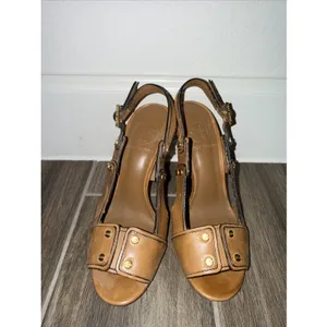 Tory Burch Naomi sz 5.5 sling back tan leather peep toe pumps thumbnail 2