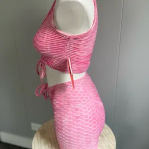 Hot Kiss Pink Textured Two Piece Set Ruched Crop Top & High Waist Shorts Size S thumbnail 2