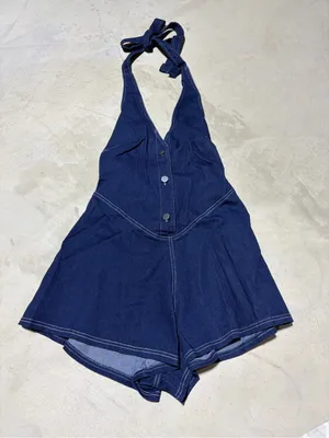 Selfie Leslie NWT Glowing halter neck Dark Blue Denim Romper XS MSRP$90 thumbnail 2
