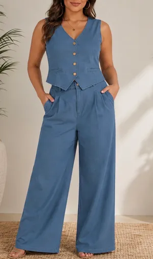 Wide Leg High-Waist Pants & Vest Set in Dusty Blue. L (see thumbnail 1