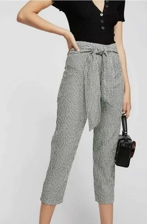 Free People High Waist Pants Cropped Tie Front Gingham Retro Vibes Casual Preppy thumbnail 1