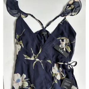 Lulus All Mine Navy Blue Floral Print High-Low‎ Wrap Dress M 65229 NWT thumbnail 6