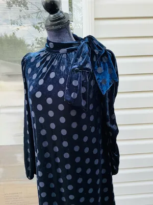 Calvin Klein Navy Velvet Polka Dot Tie-Neck Long Sleeve Dress🥀 thumbnail 4
