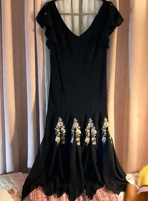 Vintage S.L. Fashions Size 12 Black Floral Embellished Midi Dress thumbnail 1