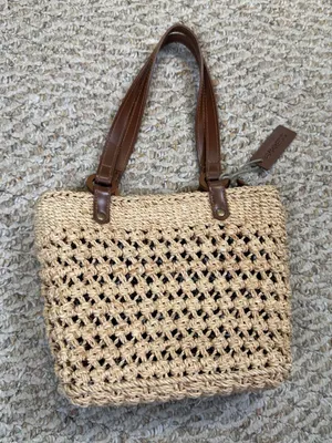 VTG Small Express Woven Straw Tote Bag Beige Leopard Print Lining Crochet Summer thumbnail 1