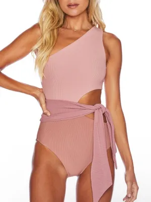 Beach Riot Medium NEW Claire One-Piece Rib Swimsuit Mauve Pink One Shoulder Knot thumbnail 6