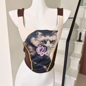 Cat Rose Print Corset Tank Top Color Block Square thumbnail 2