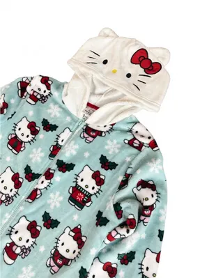 (C169) Hello Kitty Sanrio Christmas Fleece One Piece Hooded Pajamas Santa XL thumbnail 2
