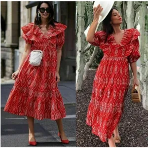 Zara Red Dress with Eyelet Embroidery Midi Length Size Small‎ thumbnail 2