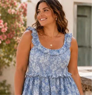 And Now This Blue Floral Bubble Hem Mini Dress Ruffle Smocked Back Plus Size 1X thumbnail 1