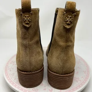 Tory Burch Chelsea Boots Women 10.5 Tan Suede Leather Square Toe Block Heel Pull thumbnail 4
