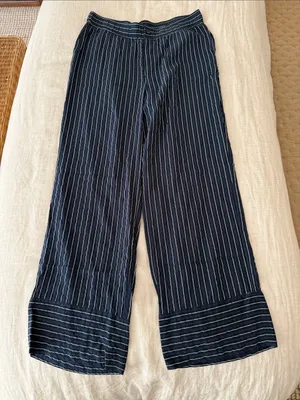 Ganni Silk Navy Blue Pinstripe Wide-Leg Pants thumbnail 1