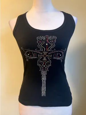 Y2K Black Tank Top Rhinestone Cross Sleeveless fairy boho western Texas bling sm thumbnail 1
