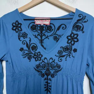 Johnny Was JWLA Women Cotton Tunic Mini Dress L Blue Embroidered Artsy Boho thumbnail 4