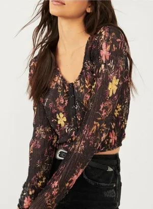 NWT Free People Angelina cropped floral combo long sleeve top blouse sz Medium thumbnail 1
