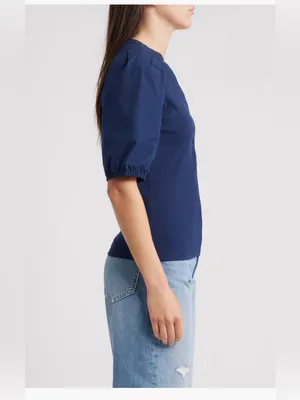 Madewell Puff Sleeve Henley Knit Top Blue Modal Blend Size XL NWT thumbnail 11