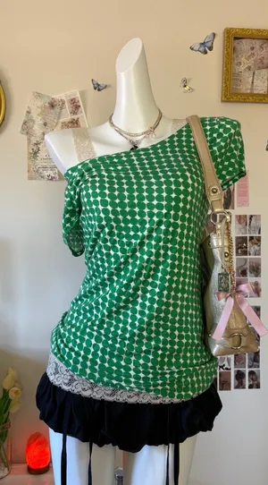 Banana Republic Vintage Y2K Green Polka Dot Asymmetric Top Women Size Small One thumbnail 1