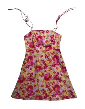Old Navy‎ Floral Mini Dress Womens Small Pink Yellow Linen Tie Shoulder Smocked thumbnail 1