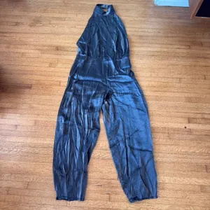 Zara Metallic Grey Halter Open Back Jumpsuit High Neck Size L thumbnail 3