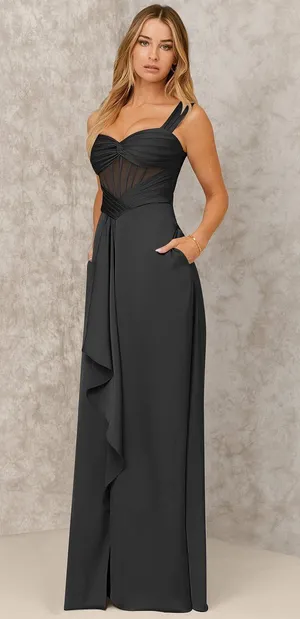 Azazie NWT X KENDALL + KYLIE A-Line Ruched Stretch Satin Floor-Length Dress in Black. Size 10. thumbnail 2
