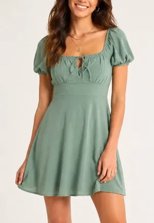 Inspired Hearts Sage Green Puff Sleeve Babydoll Mini Dress Size M thumbnail 1