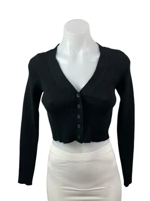 Windsor Black Ribbed Knit Long Sleeve V Neck Button Up Cardigan Crop Top Size S thumbnail 1