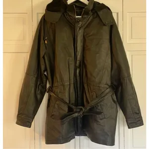 Vintage Leather black hooded faux fur lined trench jacket M thumbnail 11