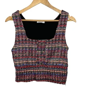 Zara Tweed Crop Tank Top Womens Medium Multicolor Plaid Button Front Square Neck thumbnail 3