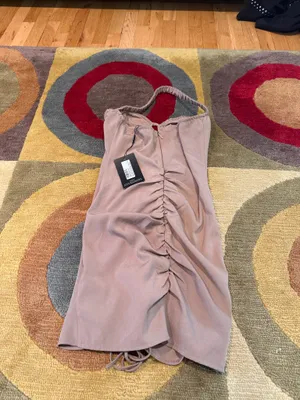 NWT PrettyLittleThing Taupe Ruched Front Halterneck Bodycon Dress Size US 8 thumbnail 8