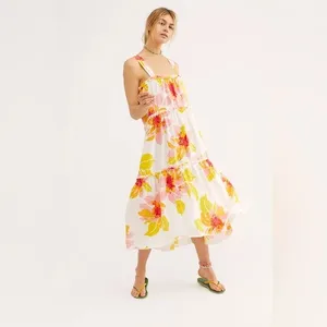 Free People‎ Women's Moonshine Linen Blend Floral Midi Dress Neutral Boho Size M thumbnail 2